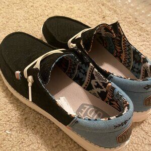 Hey Dudes, womens 12, blue, black, orange